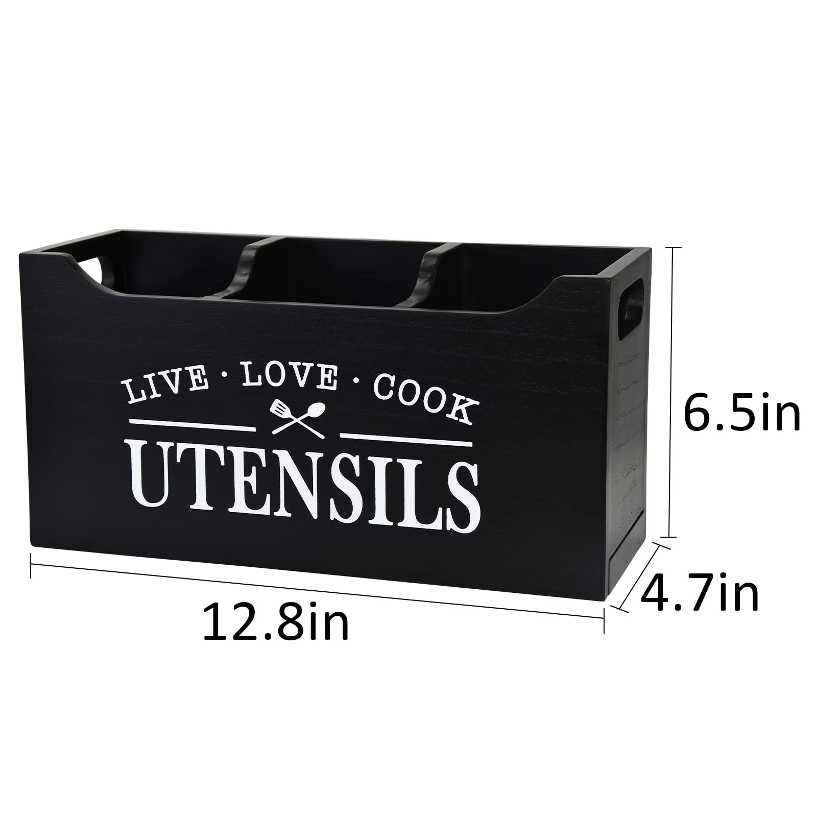 Karisky Kitchen Utensil Holder With Drainage Bottom, Large 3 Compartments Solid Real Wood Utensil Organizer For Kitchen Counter,