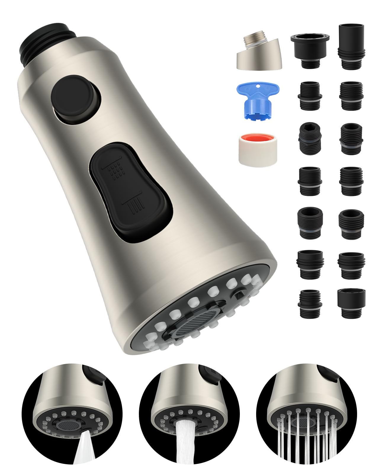 Universal Faucet Head Replacement With 15 Adapters Compatible With Moen Delta Faucet Head, 3 Function Pull Down Kitchen Sink Fau