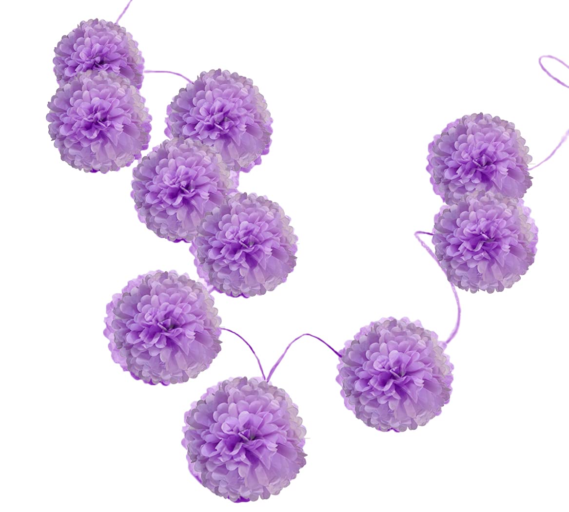 Pack Of 10 Tissue Paper Flower Ball Pom Pom Party Decoration Indoor Outdoor 6'' 8'' 10'' 12'' 14'' (Lilac, 8'')