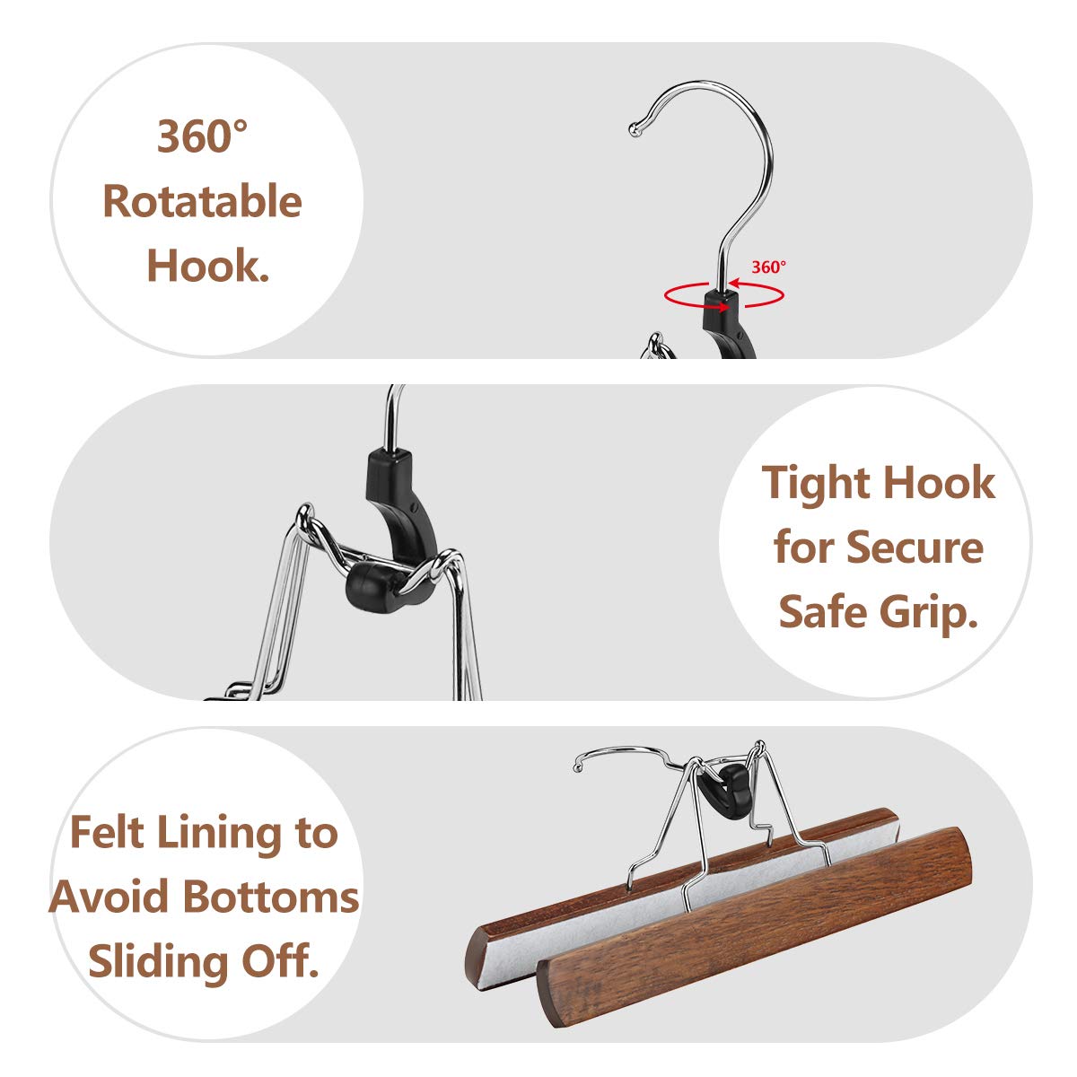 AMKUFO 12 Pack Wooden Pants Hangers with Clips Non Slip Skirt Hangers Walnut Trouser Clamp Hanger Solid Wood Hanger with 360? Swivel Hook