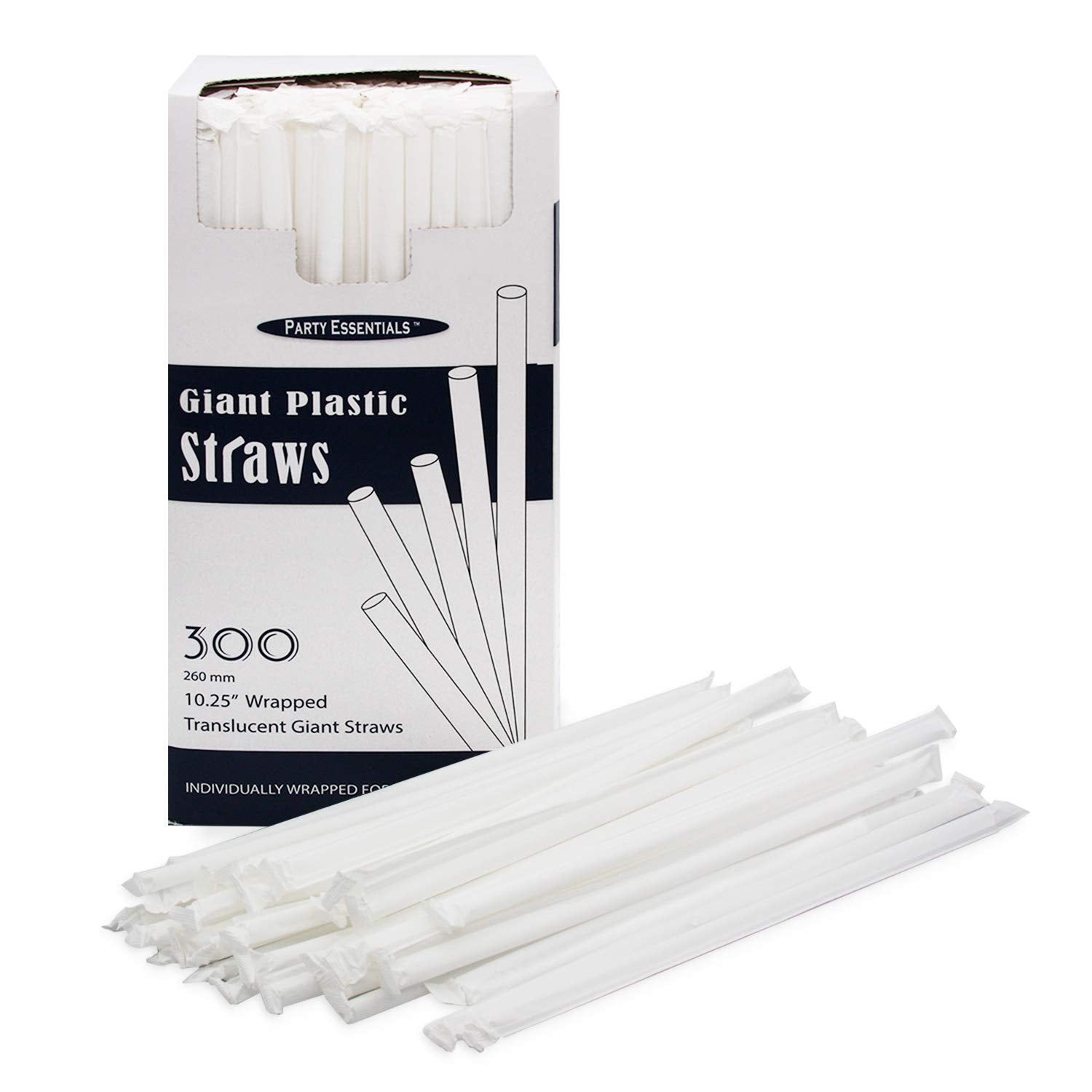 Party Essentials Disposable Plastic Drinking Straws, 10.25'' Giant/300 Count, Individually Wrapped Clear