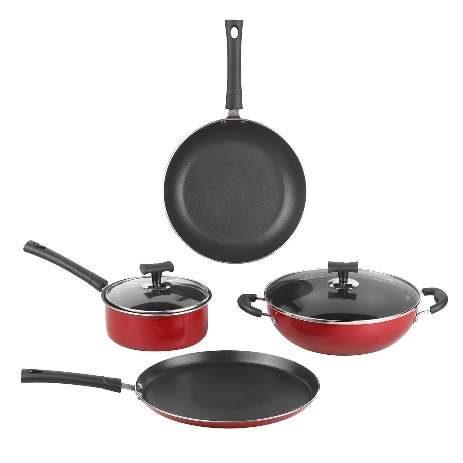 Vinod Popular Aluminium Non Stick Cookware Set Of 4|2.5 Ltr Kadai, 1.3 Ltr Saucepan, 24Cm Frypan And 28Cm Dosa Tawa|3Mm Thick, 3