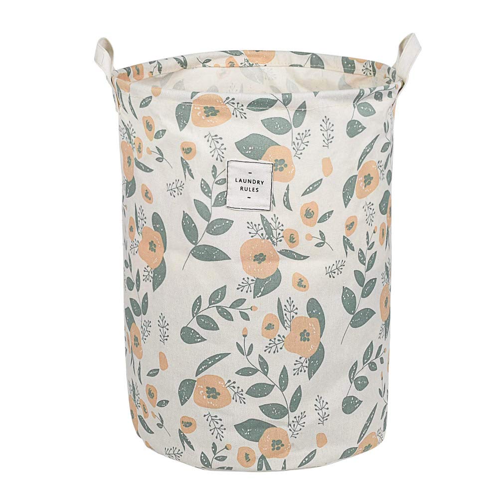 Uujoly Collapsible Laundry Hamper Basket, With Handles Waterproof Round Cotton Linen Printing Household Organizer Basket, 19.7X1