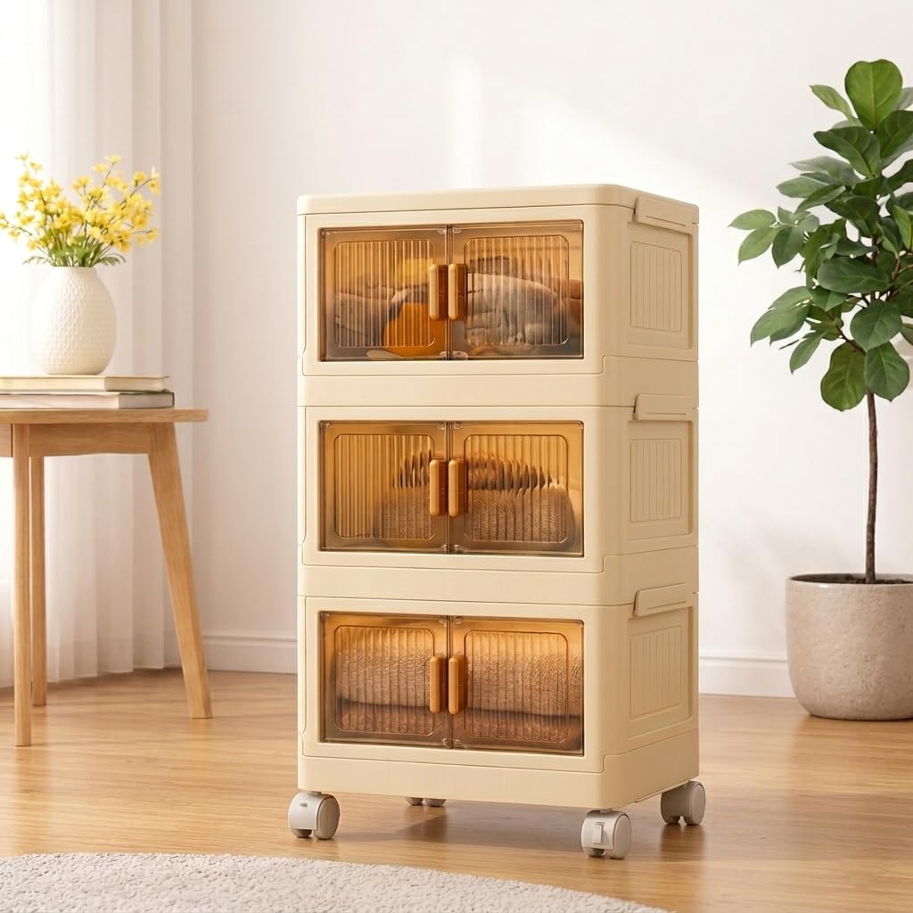Tarkan Diy Stackable Storage Cabinet With Wheels, 50X25X72 Cm, 3Tier Magnetic Door Organiser, Transparent Panels, Cream