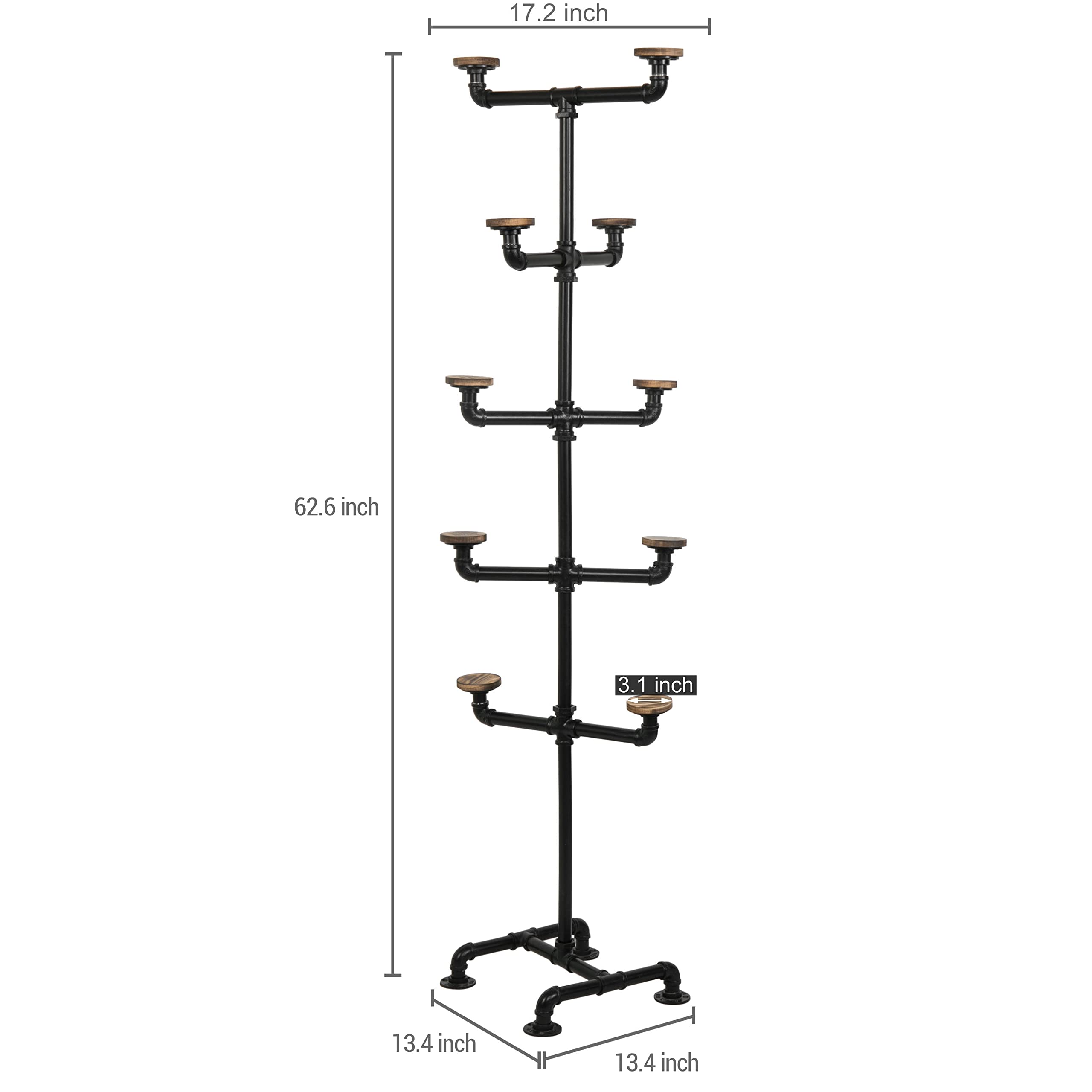 Mygift Industrial Black Metal Pipe Rack With 10 Round Rustic Burnt Wood Hat Hangers, Decorative Pipework Stand With Hooks For Ha