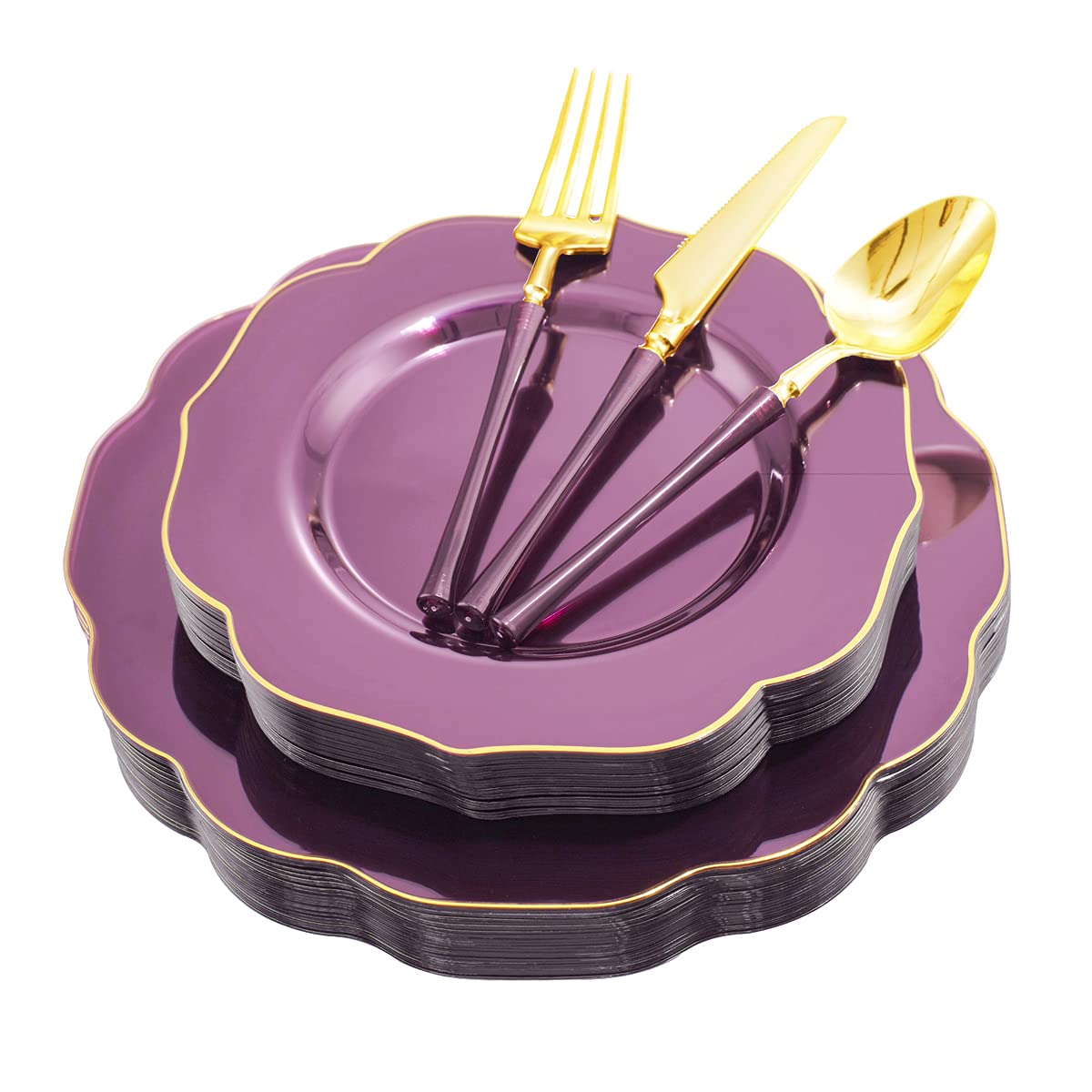 Ciaell 120Pcs Clear Purple Plastic Plates - Purple Party Plates - Disposable Gold Plastic Plates Including 48Plates, 24Forks, 24
