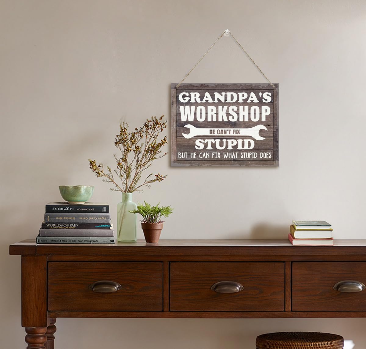 Rustic Sign, Father's Day Gift, Grandpa's Gift, Hanging Printed Wood Wall Art Sign, Grandpa's Workshop He Can't Fix Stupid Sign,