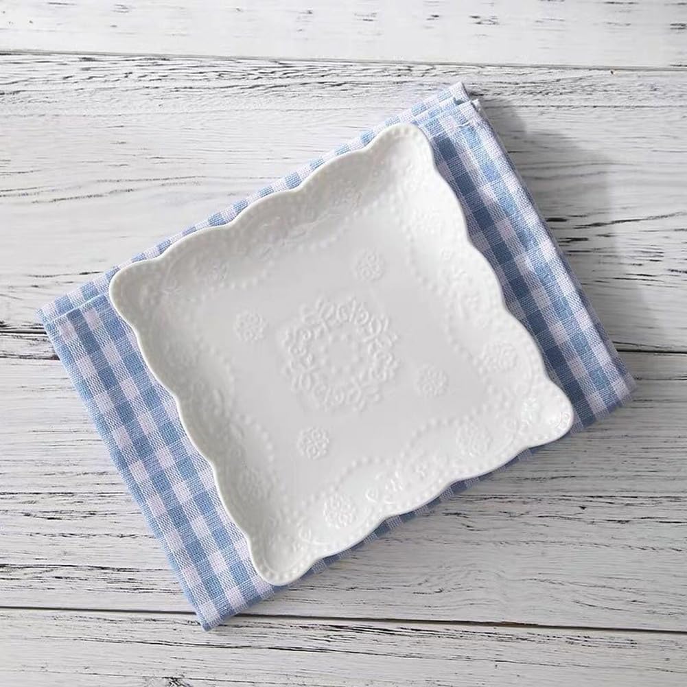 Eplze Ybk Tech Elegant Square Embossed Lace Plate Bone China Dessert Plate Ceramic Plate For Breakfast Afternoon Tea (White, 6-I