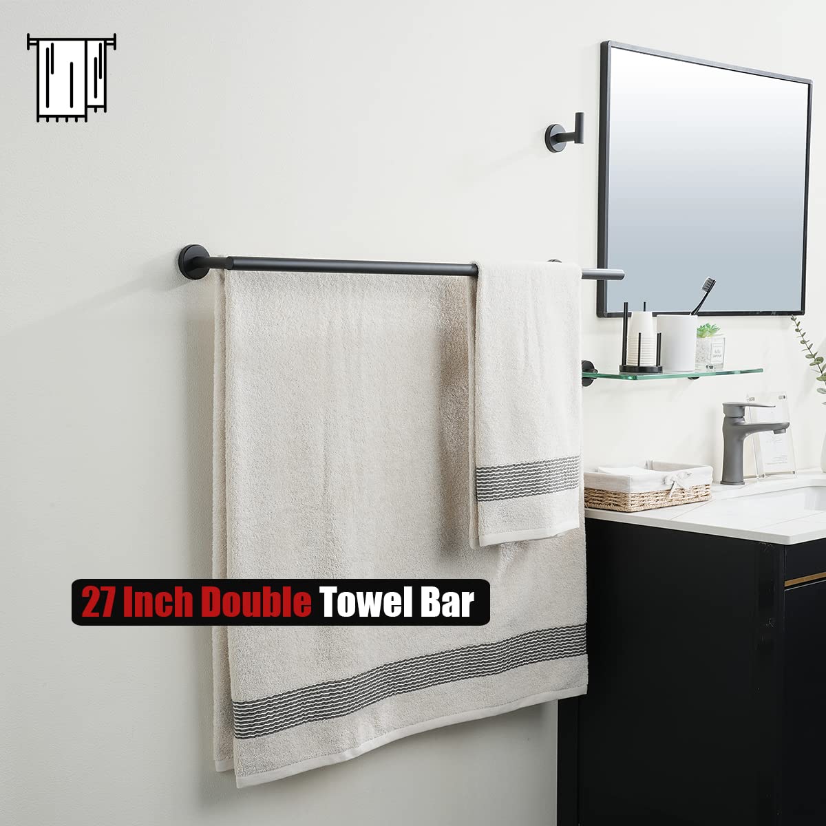 Jqk Double Bath Towel Bar, Matte Black 27 Inch 304 Stainless Steel Thicken 0.8Mm Towel Rack For Bathroom, Towel Holder Wall Moun