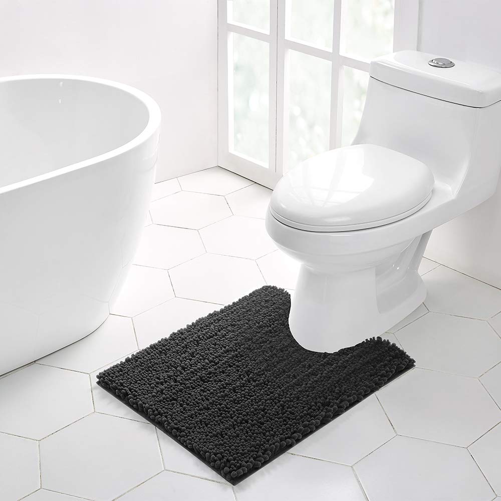 Walensee Bathroom Contour Rug Non Slip Toilet U Shaped Bath Mat (20X24, Dark Grey) Water Absorbent Super Soft Shaggy Chenille Ma