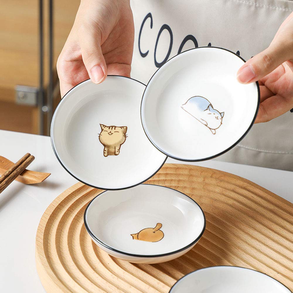 Fuyu 6Pcs Cute Cat Multipurpose Ceramic Sauce Dish Seasoning Dishes Sushi Dipping Bowl Appetizer Plates