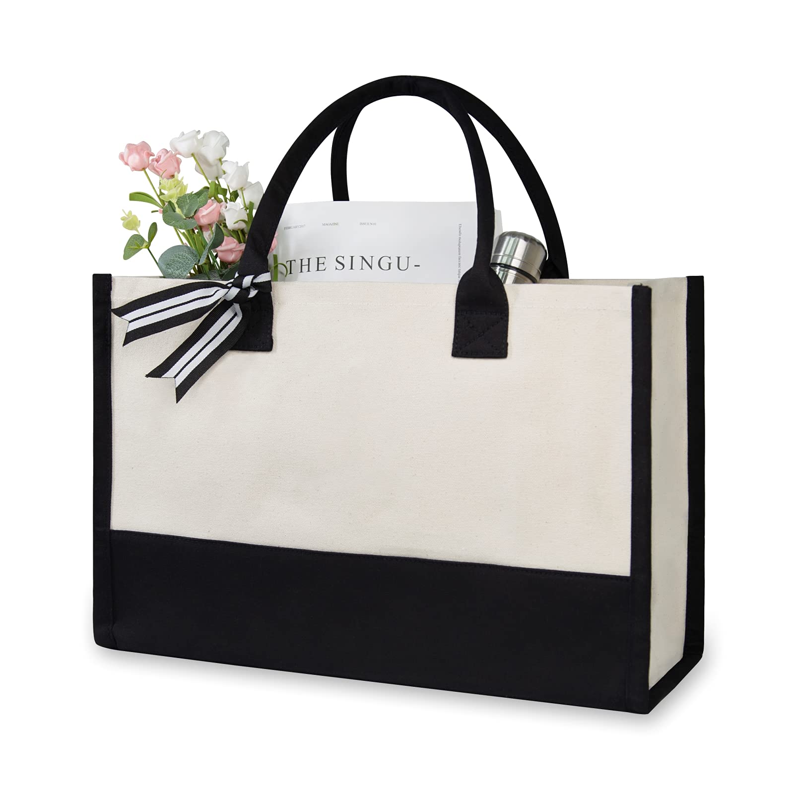 Topdesign Classic White & Black Cotton Canvas Tote Bag, Diy Your Creativ Designs (Blank)