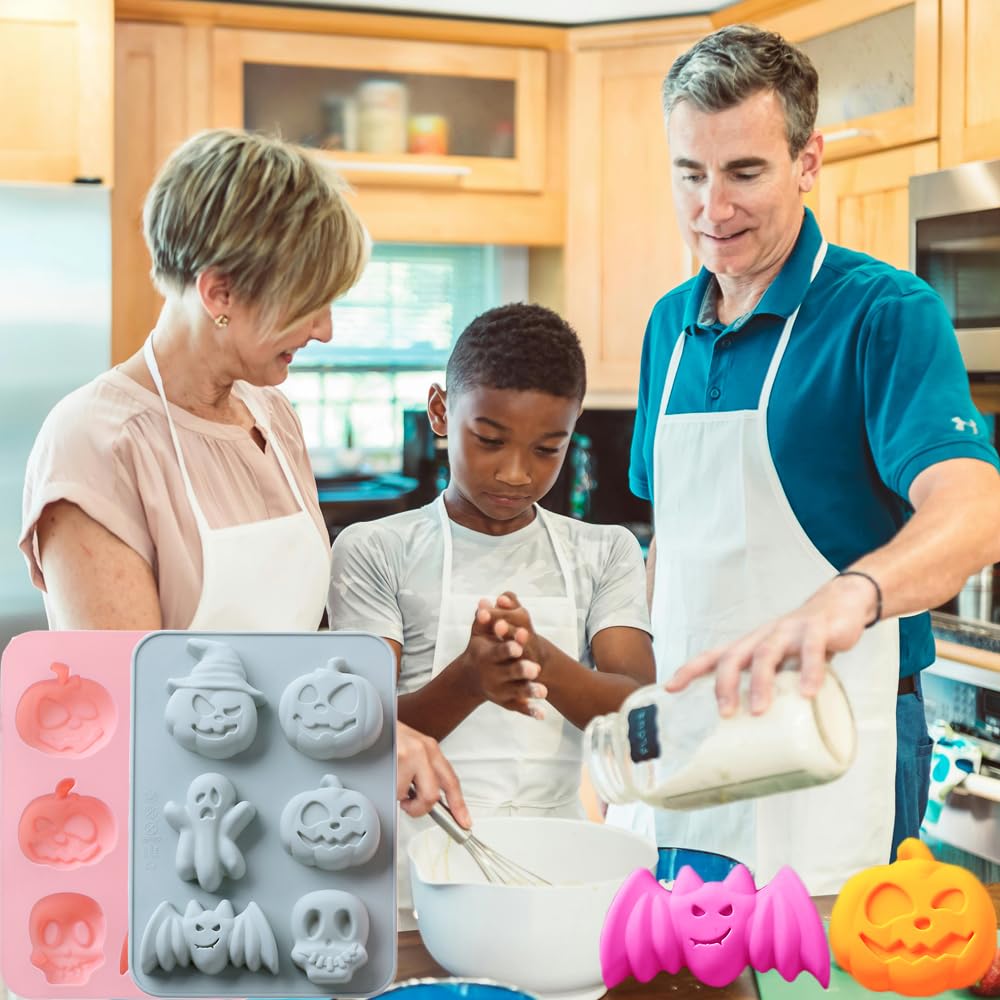 2 Pack Halloween Silicone Cake Mold Pumpkin Bat Skull Ghost Shape Silicone Mold For Chocolate Candy Gummy Jello Ice Cube Crayon