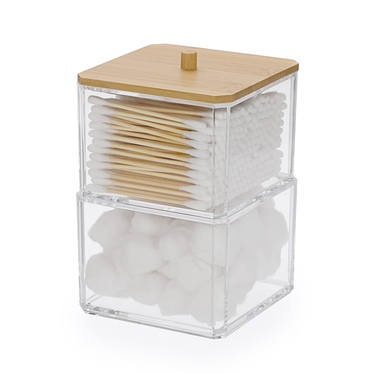 Hipiwe Clear Q-Tip Dispenser Holder Acrylic Bathroom Containers 2-Tier Square Apothecary Jar With Lid Canister Cotton Swab And B