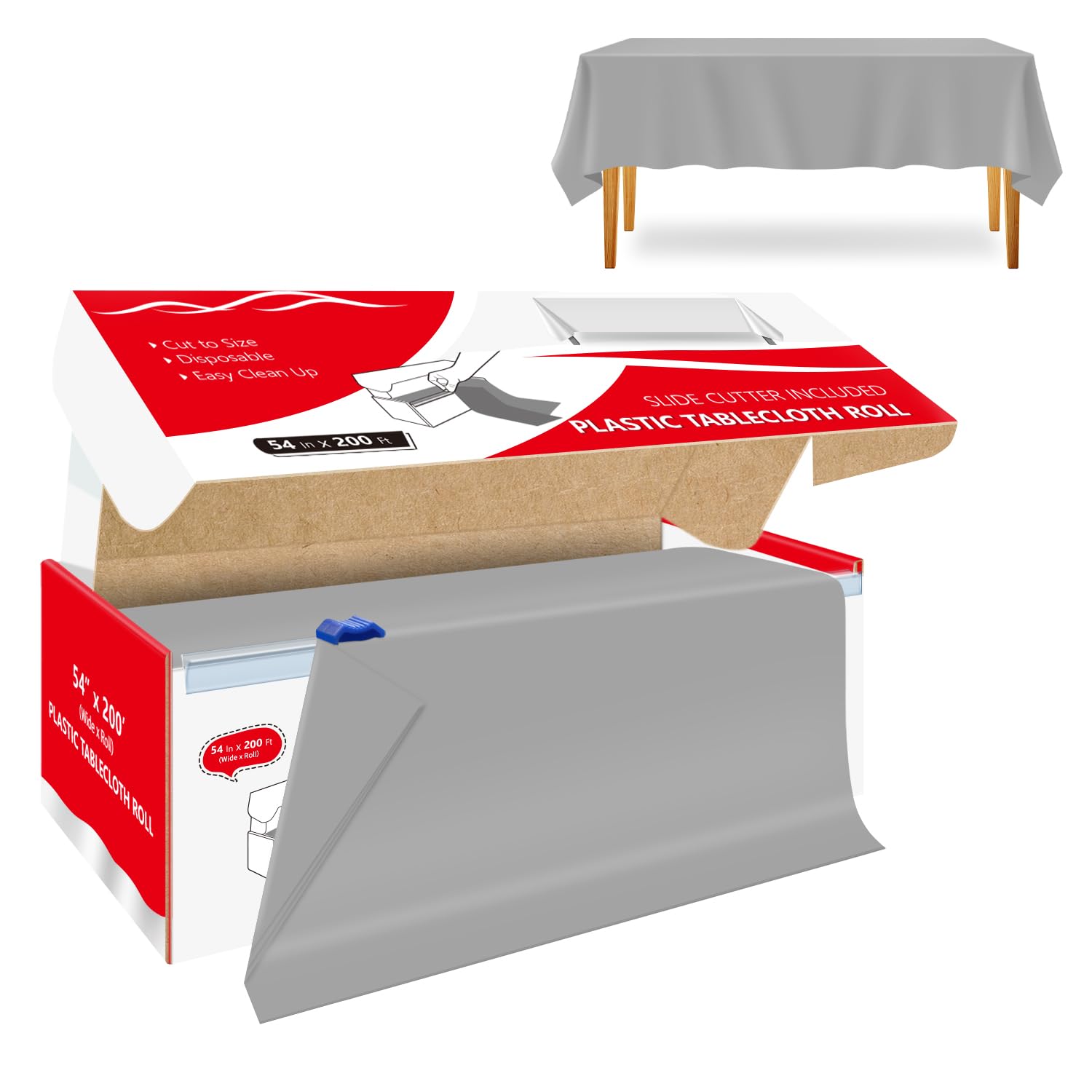 Xnluothsk 54 Inch x 200 Feet Silver Plastic Tablecloth Roll Cut to Size Disposable Table Cover with Cutter Box Plastic Table Clo