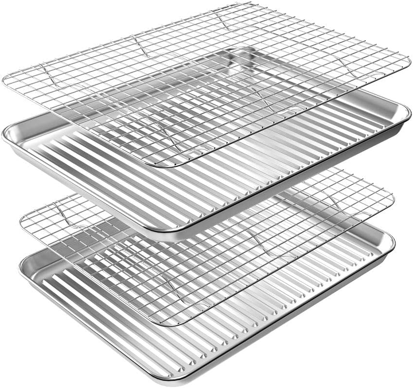 Rottay Baking Sheet With Rack Set (2 Pans + 2 Racks), Stainless Steel Cookie Sheet With Cooling Rack, Nonstick Baking Pan, Warp