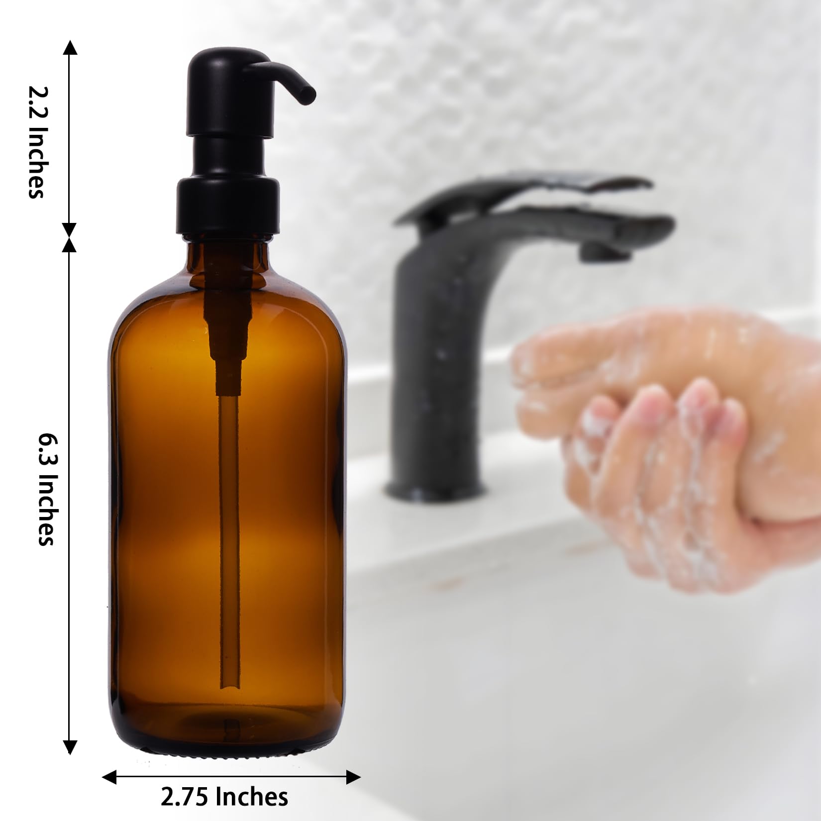 Diahom Soap Dispenser Amber Glass Hand Dish Soap Dispensers 1Pcs Stainless Steel Pump 16 Oz For Kitchen Sink Countertop Bathroom