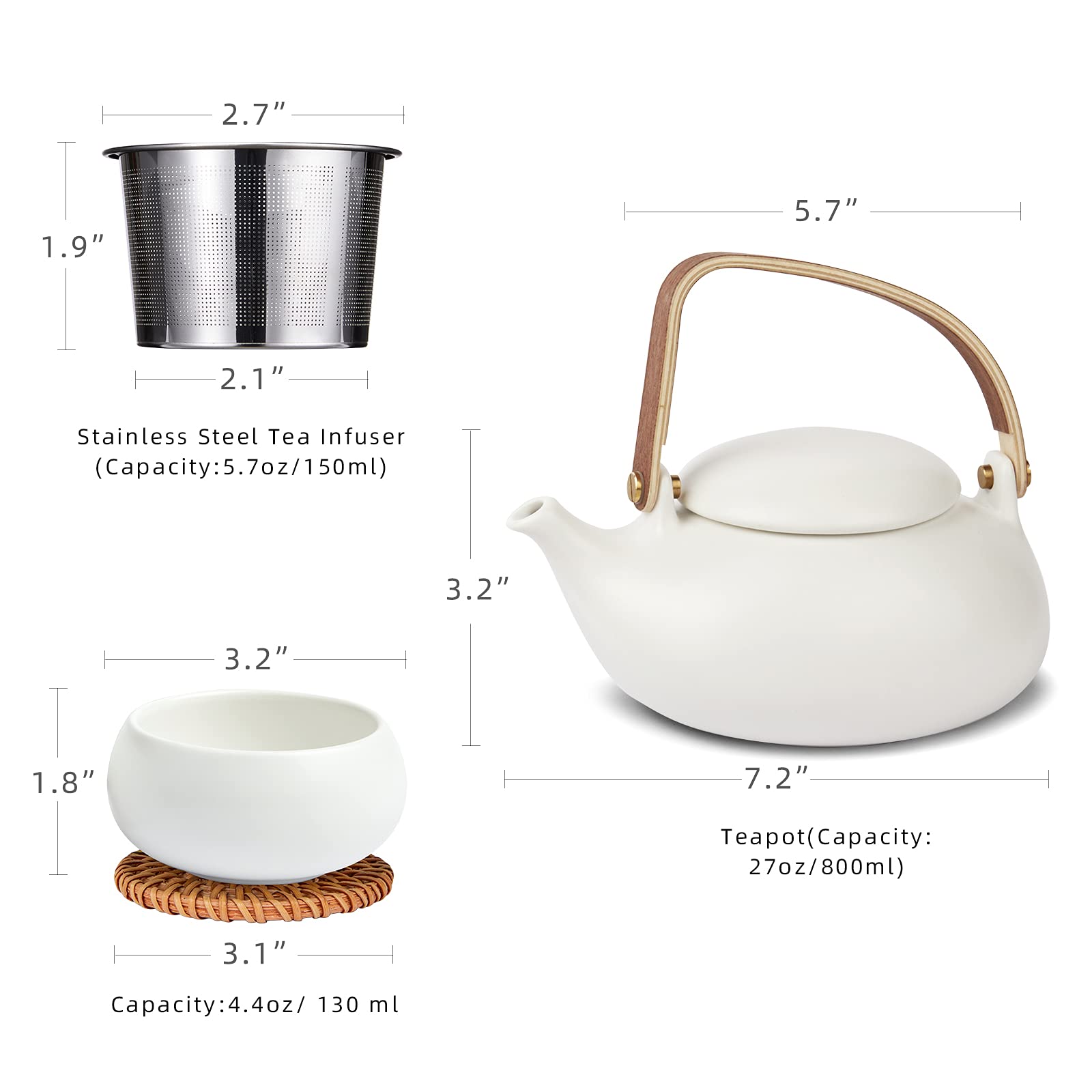 ZENS Modern Japanese Tea Set, 27 oz Ceramic Japanese Teapot with Fine Stainers and 4 Cups for Loose Leaf Tea Steeper, Wood Handl