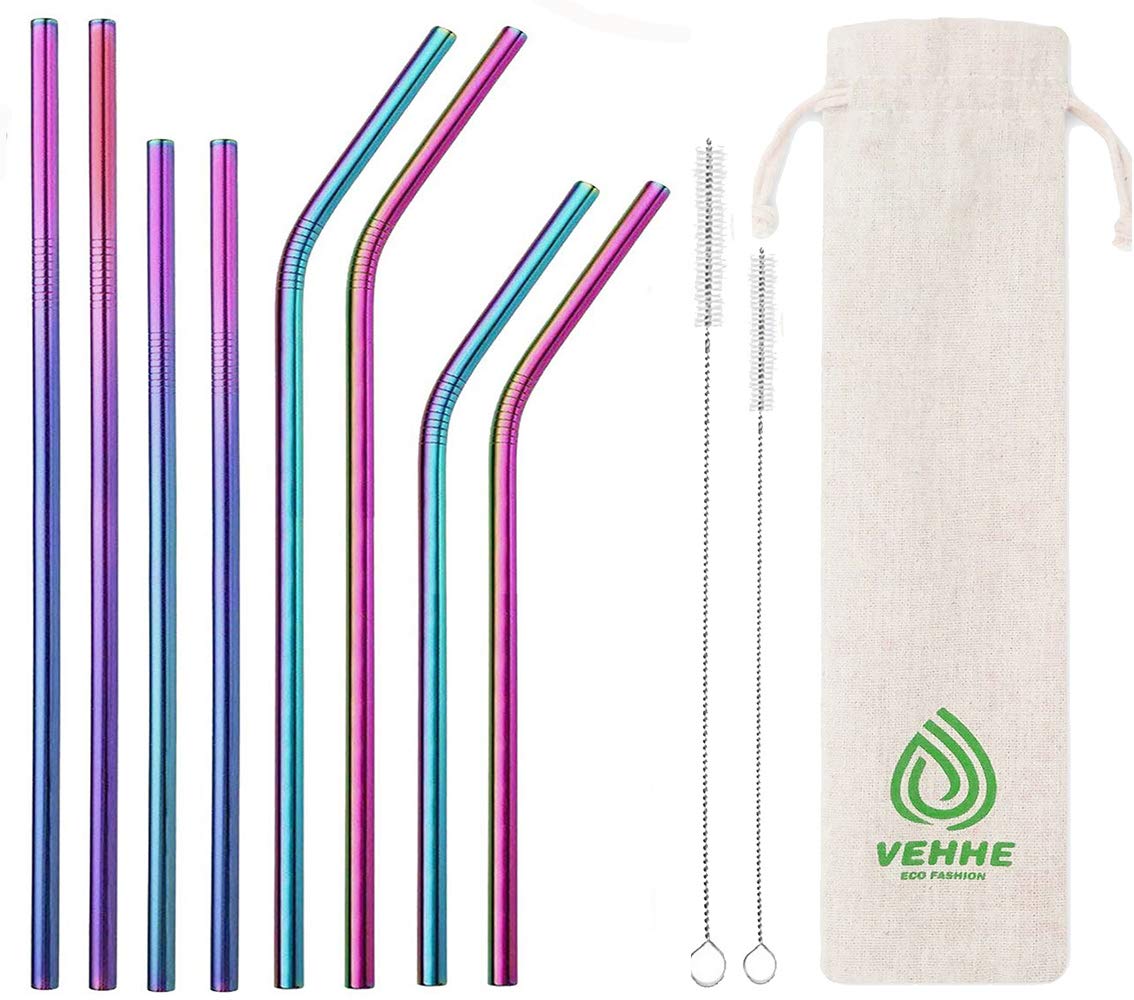 Vehhe Reusable Straws 8 Set Multi Color Stainless Steel Straws - Cleaning Brush For 20 Oz (Rainbow 8.5 Inch + 10.5 Inch)