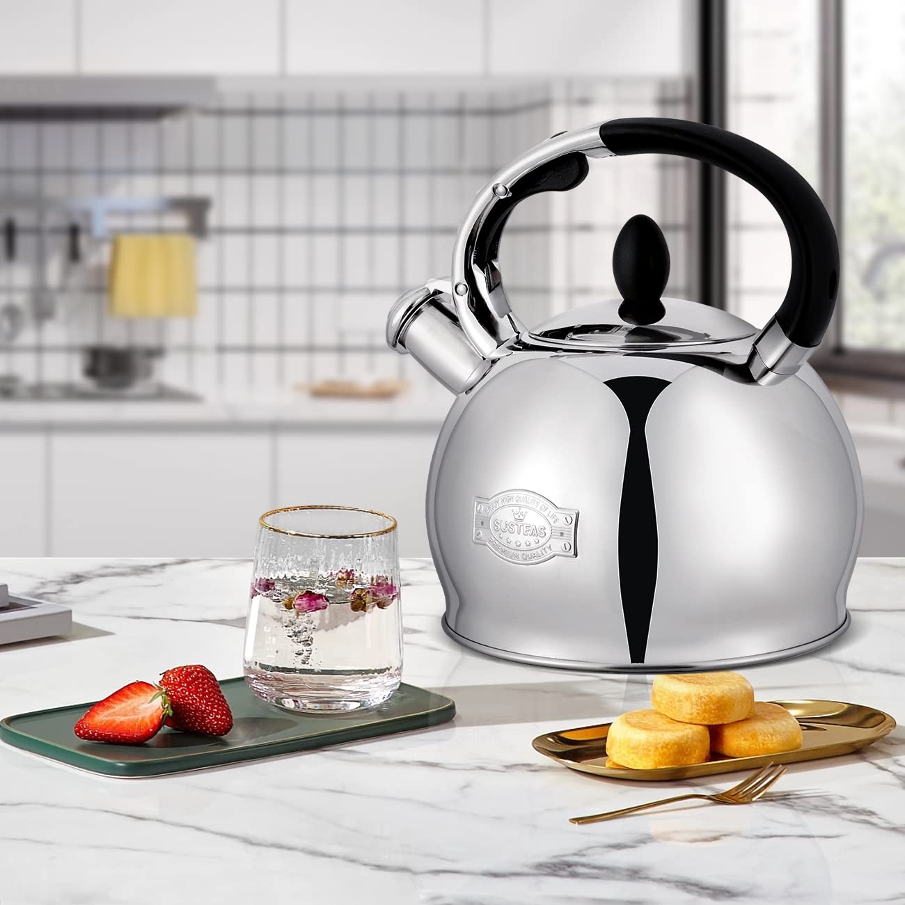 Susteas Stove Top Whistling Tea Kettle - Food Grade Stainless Steel Teakettle Teapot With Cool Touch Ergonomic Handle, With 1 Si