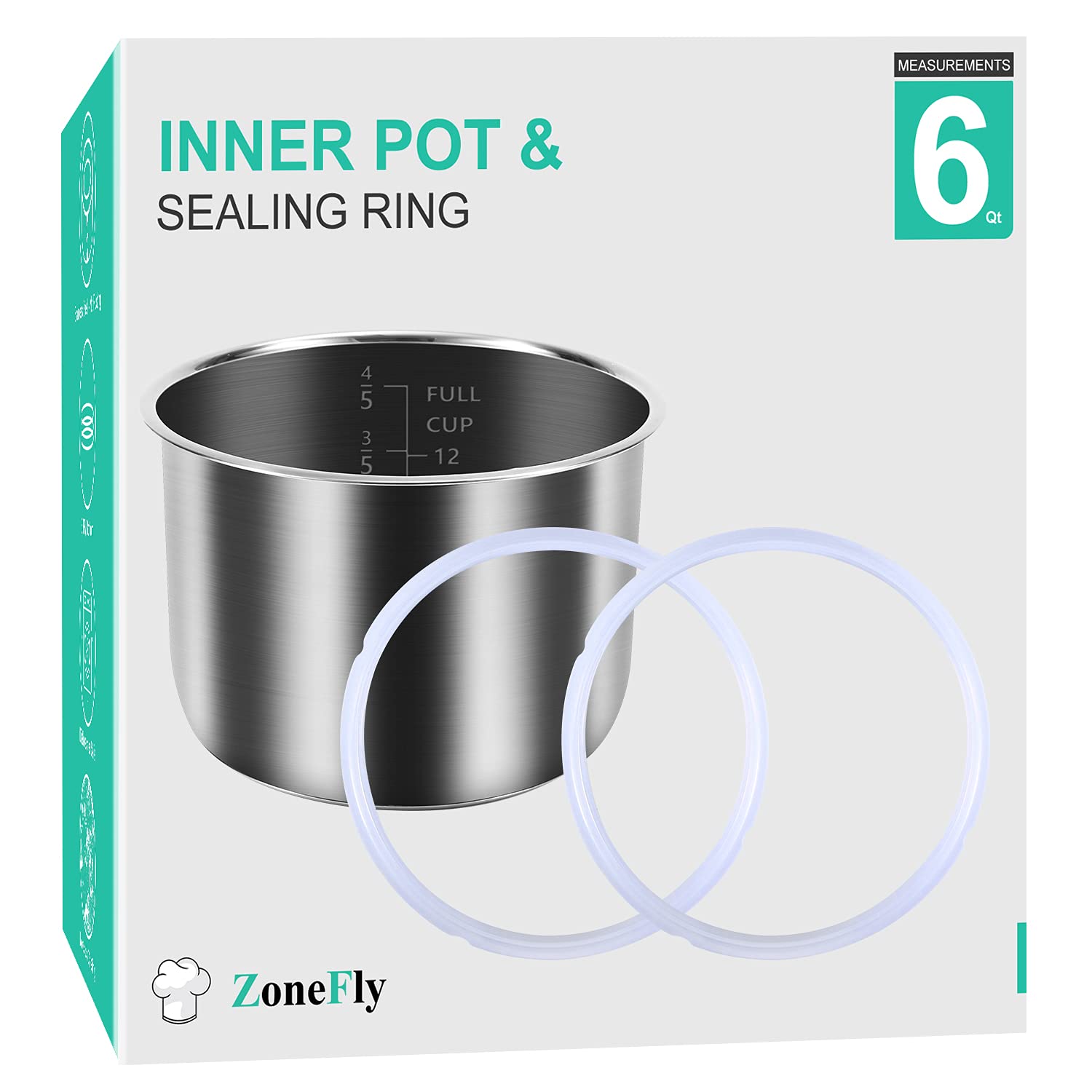 Zonefly Original 6 Qt Power Cooker Xl Replacement Inner Pot With 2 Pack Sealing Ring For Power Pressure Cooker Ppc770 Ppc771 Ppc