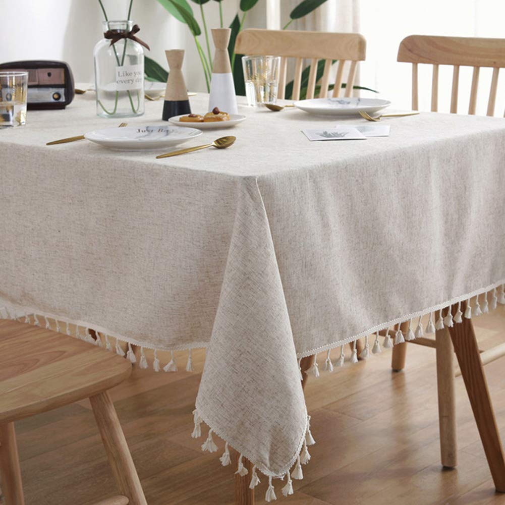 Amzali Washable Cotton Linen Tablecloths Fabric Tassel Tablecloth Dust-Proof Table Cover For Kitchen Dinning Tabletop Home Decor