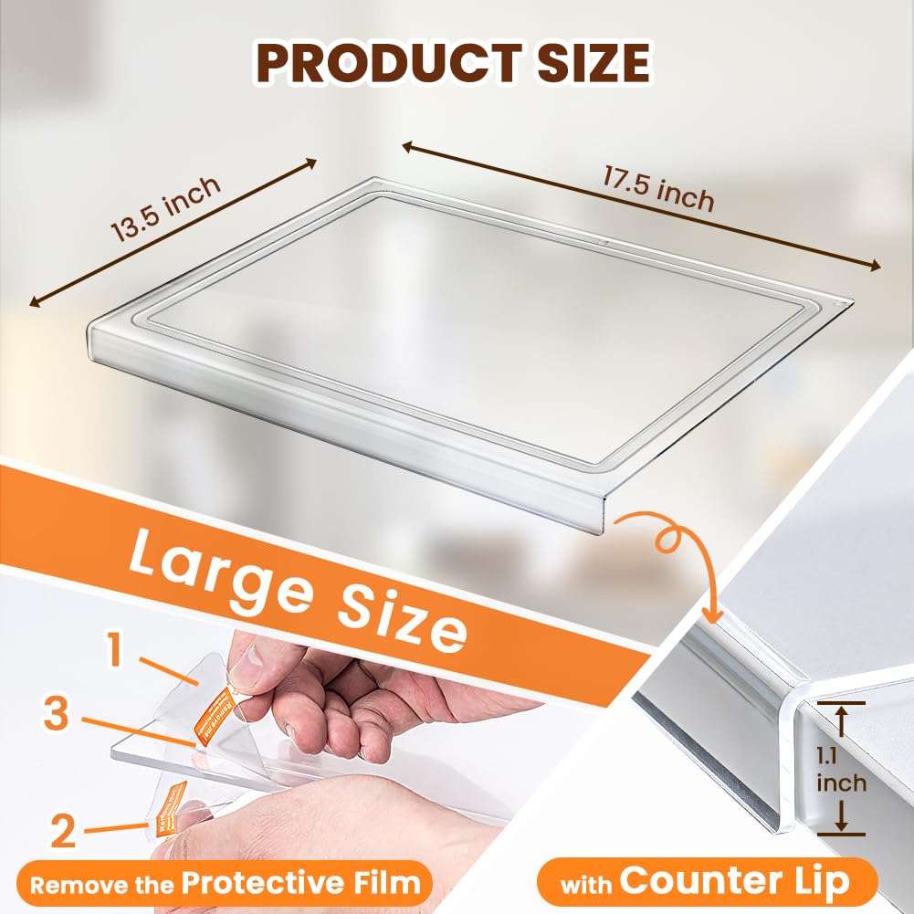 Acrylic Cutting Board with Counter Lip, 17x13 Inch Clear Cutting Boards for Kitchen Counter with Juice Groove, Non Slip for Coun