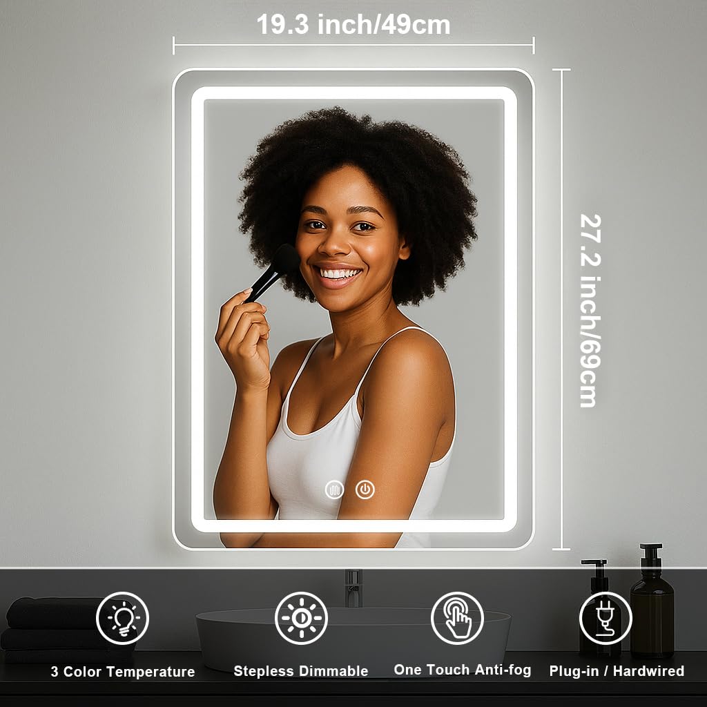 JOHALXER LED Bathroom Mirror, 19x27 in Vanity Mirrors with Backlit Lights for Shaving, Fogless Makeup Mirror Wall Mounted with D