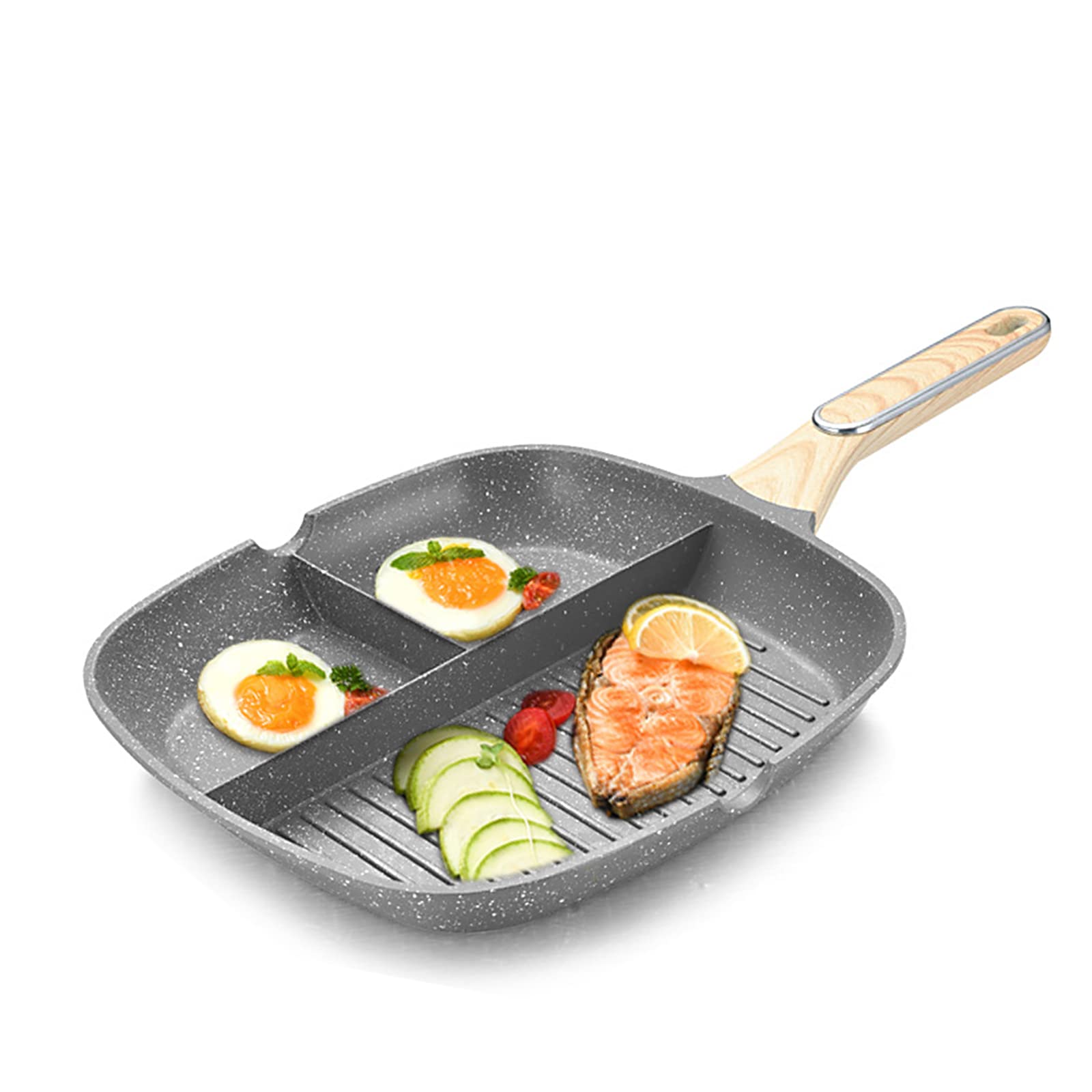 Justup Nonstick Grill Pan, 3-In-1 Egg Pan 11 Inch Non Stick Skillet Pan, Heat Resistant Handle 3 Section Skillet Pancake Pan, Di