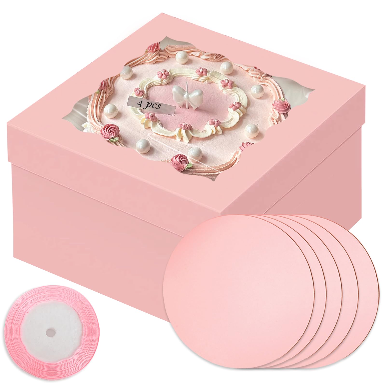 Qiqee Pink 10X10X8 Cake Box, 4 Sets Cake Box With Window  4 Sets 10 Cake Round Boards, 10Inch Cake Containers, 10 Meters Pink Si