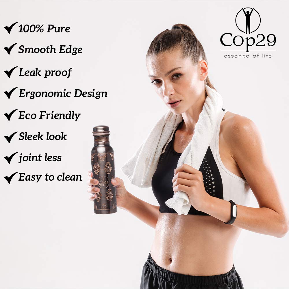 Cop29 Hand Engraved Premium Design Pure Copper Mira Antique Water Bottle: Joint Free & Leak Proof, 900Ml/30Oz