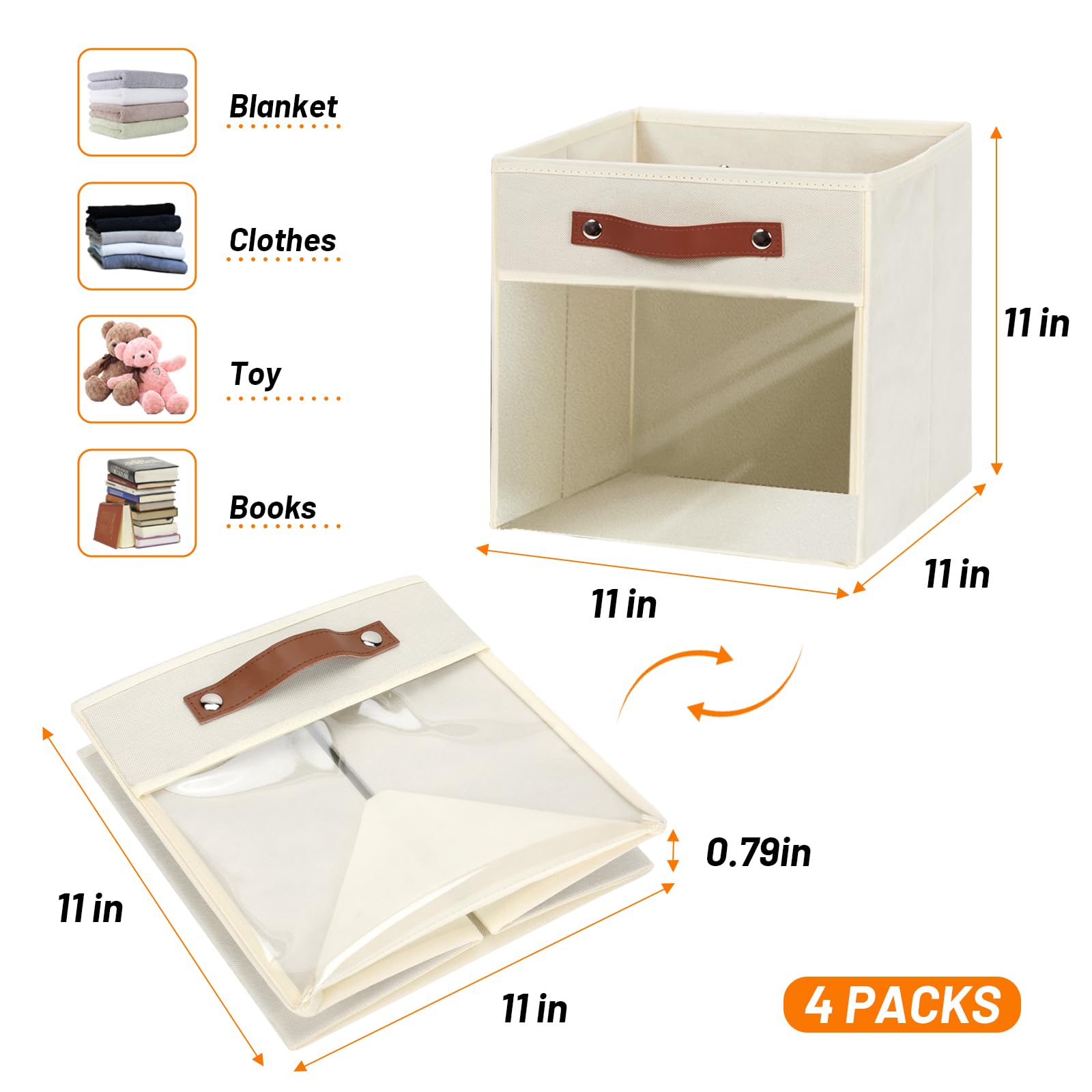 Hnzige 11 Inch Cube Storage Bin For Storage Organizer,Shelf Fabric Storage Bin For Cube Organizer, Canvas Clear Cube Storage Bin
