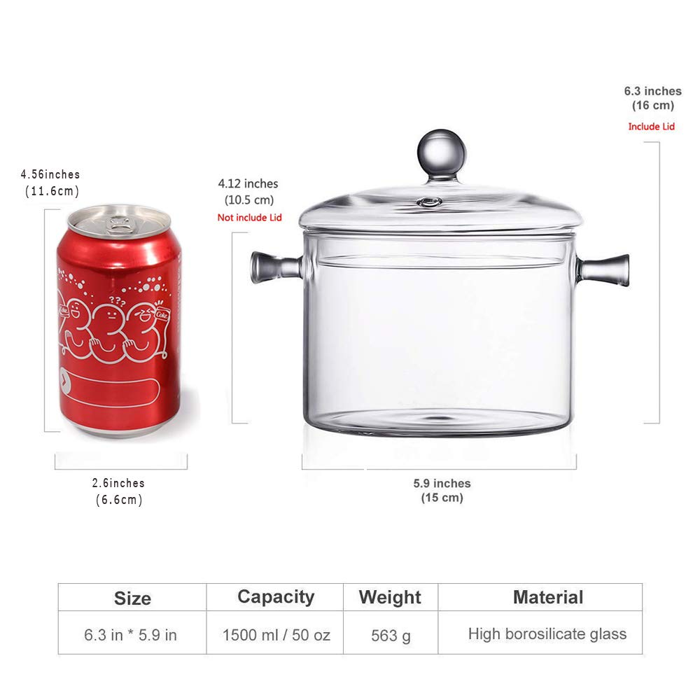LEAVES AND TREES Y Glass Saucepan 1.5L Borosilicate Clear Stovetop Pot with Lid, Model YR-GSWC
