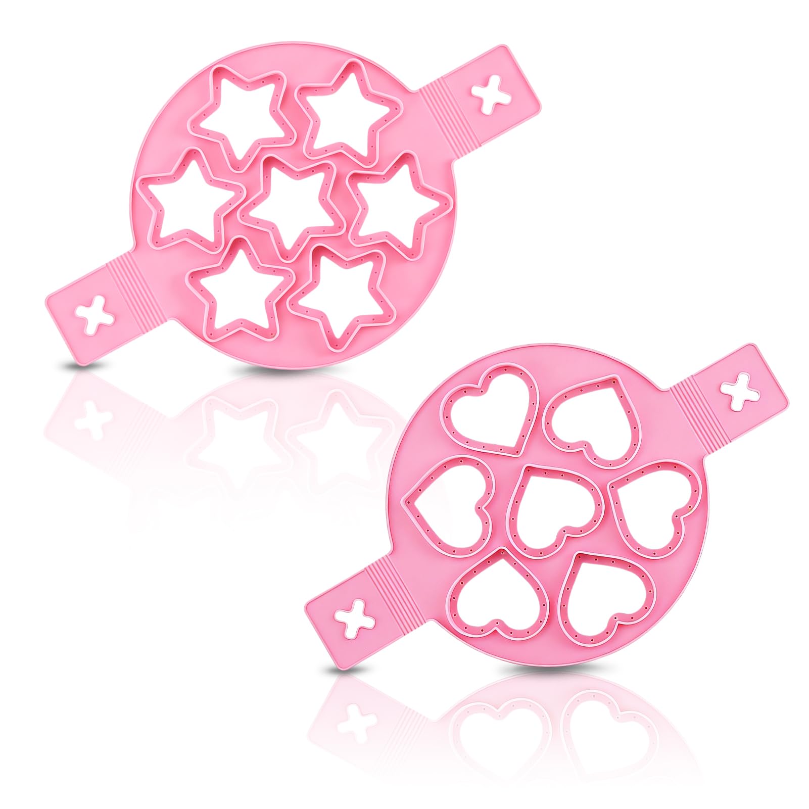 2PCS Pancake Maker Mold, 7 Cavity Star/Heart Shape Nonstick Reusable Silicone Egg Mold Ring with Handle Kitchen Cooking Baking T