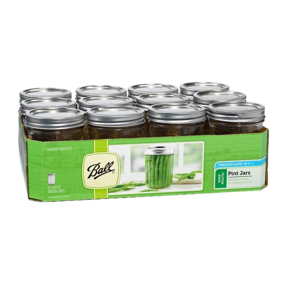 Ball Wide Mouth Pint 16-Ounce Glass Mason Jar With Lids And Bands, 12-Count