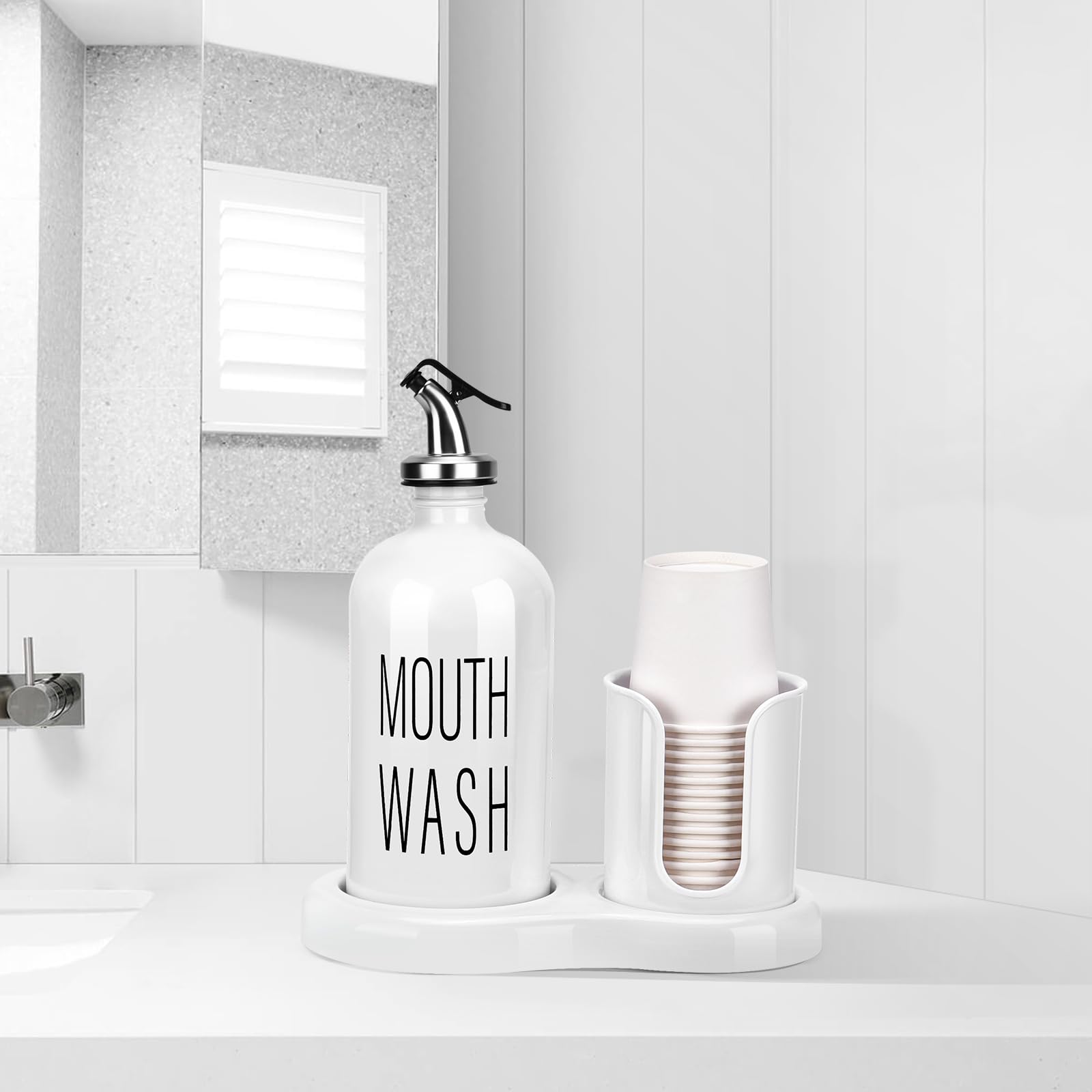 Mouthwash Dispenser for Bathroom BYAWAY Mouthwash Dispenser with Cup Holder 14 Mouthwash Cups and Funnel Refillable Glass Mouthwash Container (White)