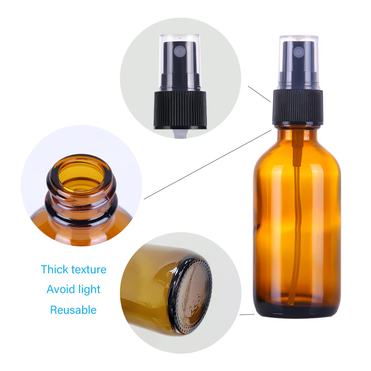 LUFEVRM 2oz Glass Spray Bottles Empty Small Perfume Travel Refillable Reusable Fine Mister Spray Bottle for Hair Cleaning Solutions Aromatherapy and Essential Oil with Extra Nozzle (3 pack  Amber)