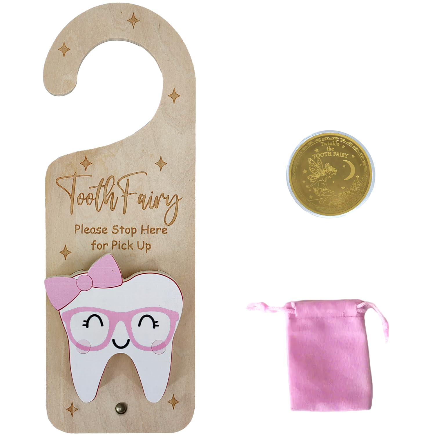 Tooth Fairy Door Hanger, Wooden Tooth Fairy Money Holder with Tooth Coins for Lost Tooth Kids Gifts (Pink-2)