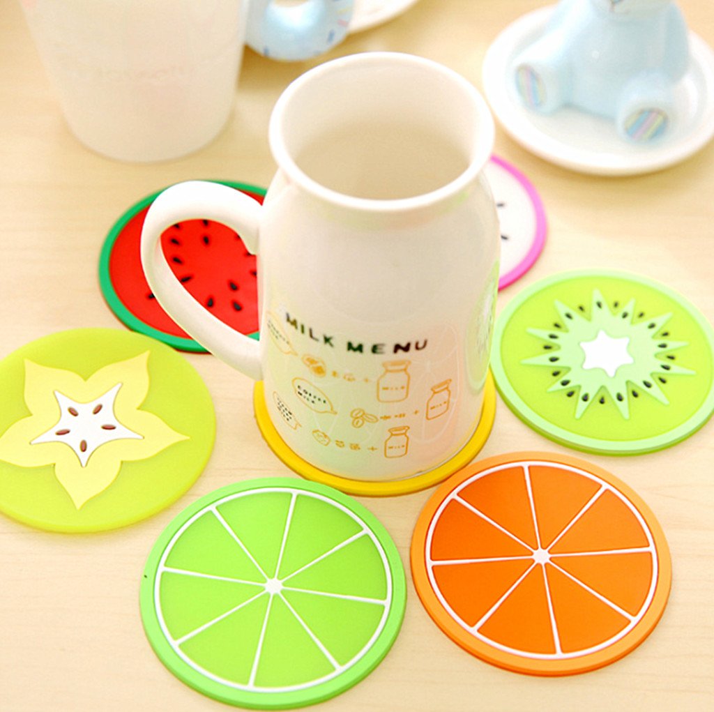 Kinteshun Silicon Drink Coaster,Heat-Insulated Non Slip Fruit Slice Drink Cup Mat Placemat(7Pcs With Different Fruit Slices)