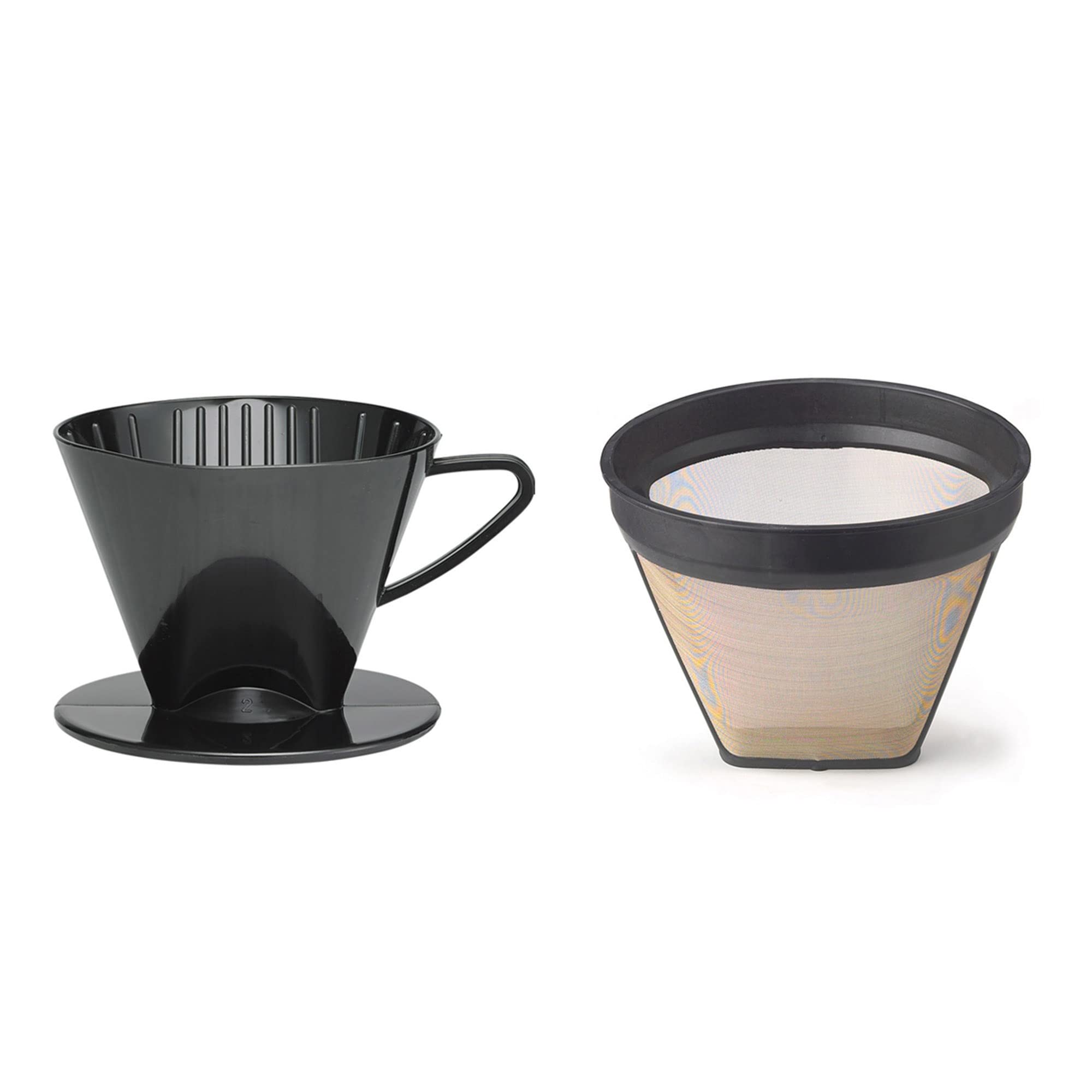 Fino Pour-Over Reusable Coffee Brewing Cone With Gold-Toned Mesh Permanent Coffee Filter, Number 2-Size, Black