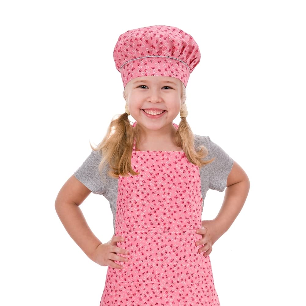 Kids Apron And Chef Hat Set, Adjustable Cotton Child Aprons With 2 Pockets Cute Girls Boys Kitchen Bib Aprons For Cooking Baking