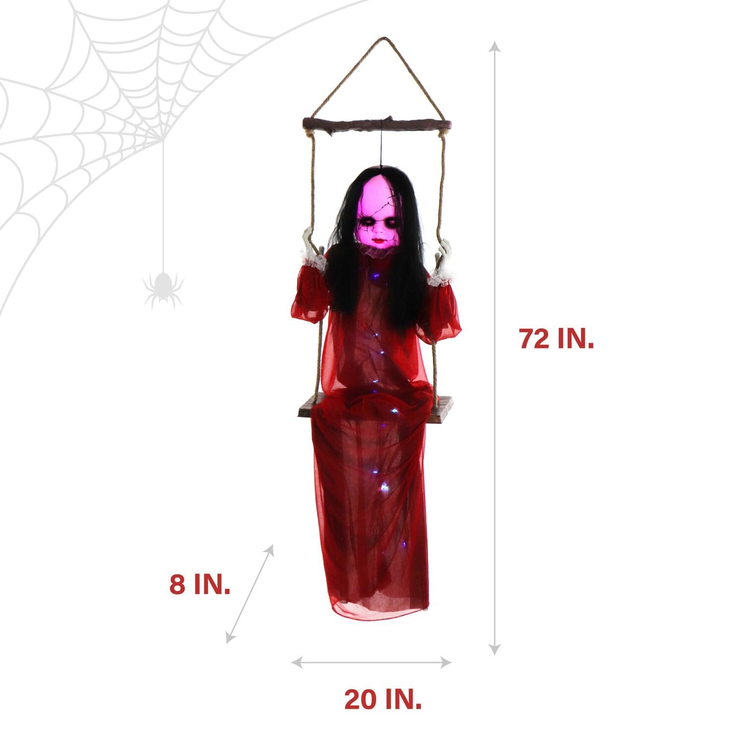 Haunted Hill Farm s Giggling Zombie Girl on a Swing Halloween Prop with Colorful Light-Up Body and Eyes for Scary Hanging Hallow