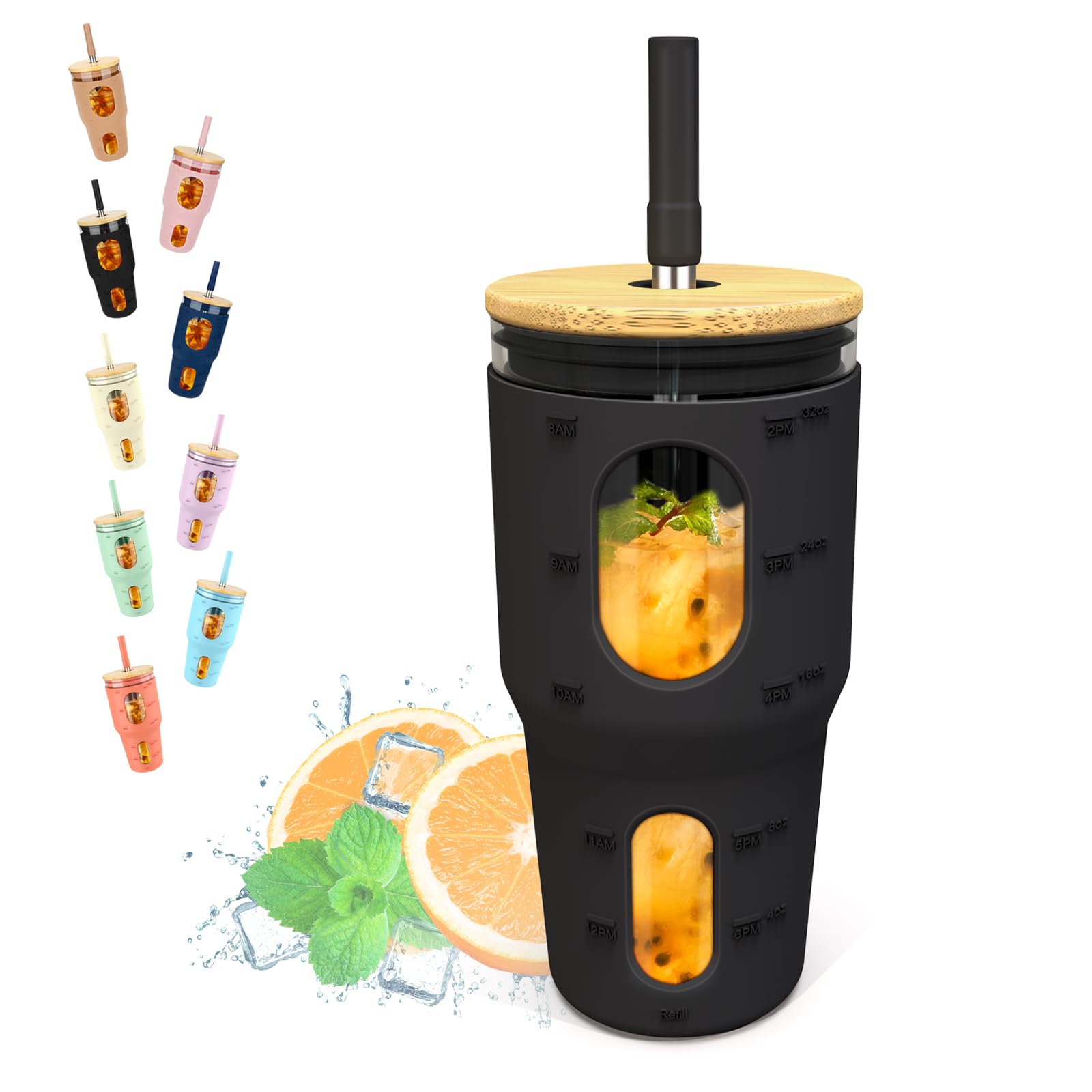 Tronco 32 Oz Tumbler with Straw and Lid, Reusable Drinking Glass Cup with Time Marker, Silicone Sleeve, Fits Cup Holder and With