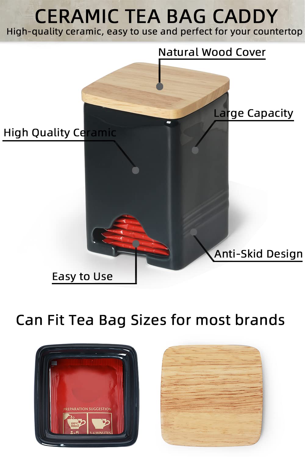 Quxija Ceramic Tea Bag Storage Organizer Caddy Holder With Lid (Navy)