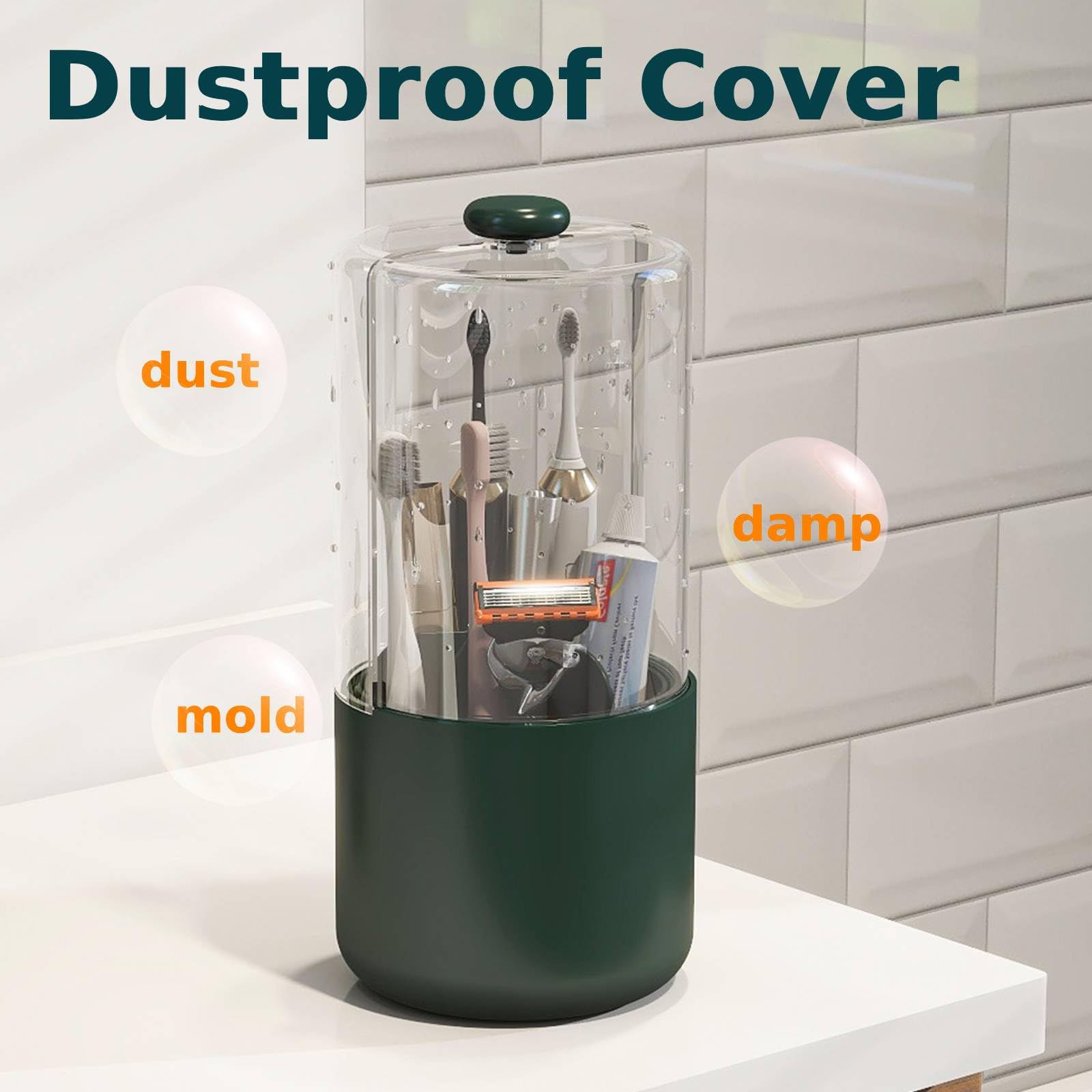 YOOLENS Toothbrush Holder with Cover 360 Rotating 4 Compartments Bathroom Toothpaste Electric Toothbrush Organizer, Dark Green