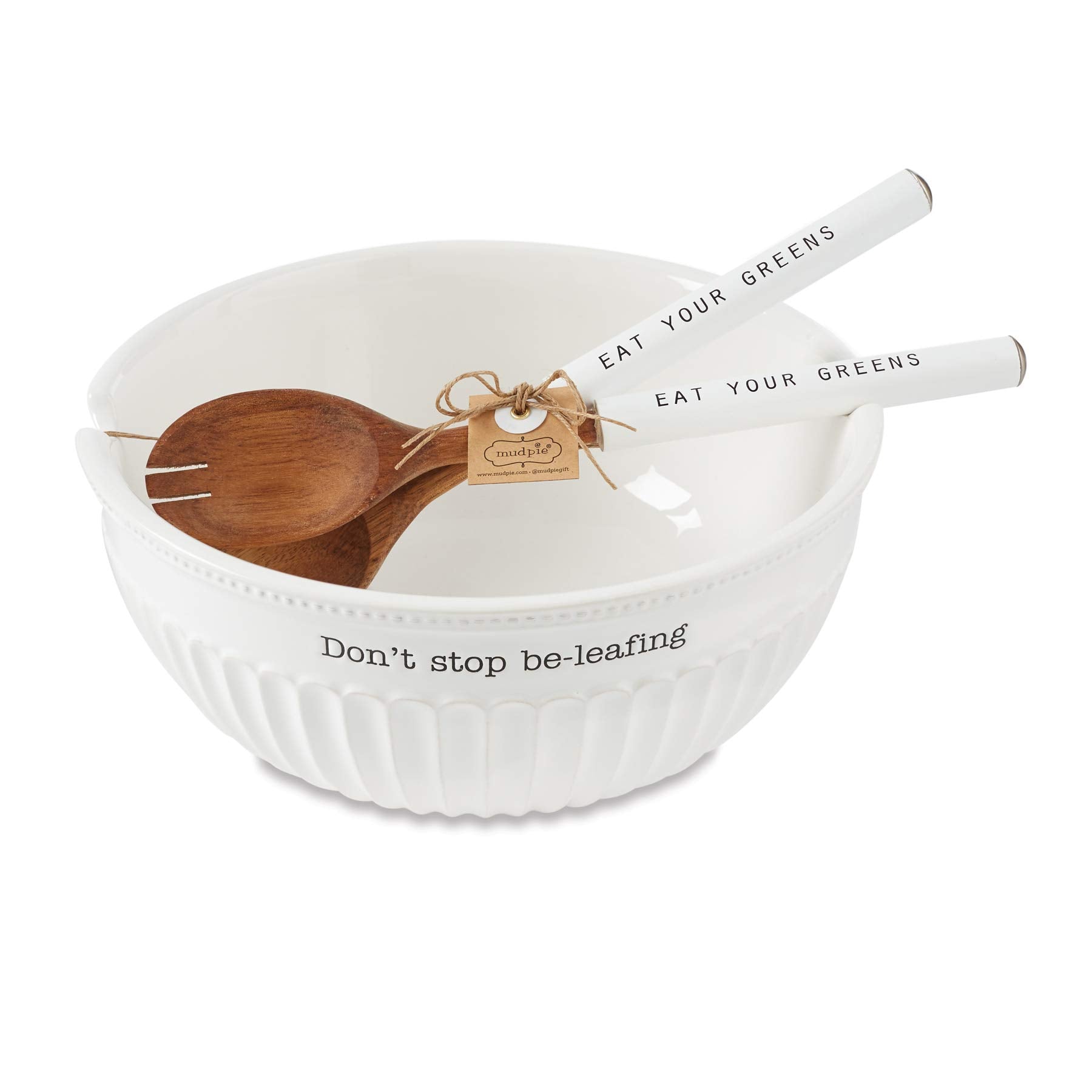 Mud Pie Dolomite, Wood Don'T Stop Be-Leafing Salad Bowl Set, 32 Oz, White, Brown