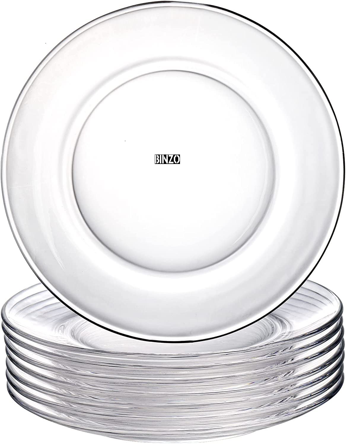 Binzo Glass Dinner Plates, Set Of 6, 10 Inch, Big Full Size Plate For Eating Dinner, Clear, Microwave & Dishwasher Safe, Transpa