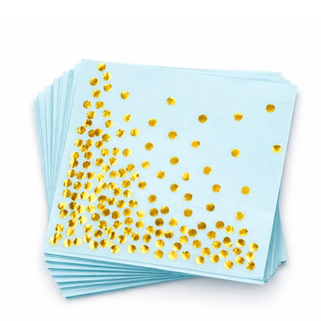 Wanna Party Light Blue Paper Napkins w/Golden Polka Dots | Disposable 2 Ply Paper Napkin | Paper Tissue For Party, Birthday, Wed