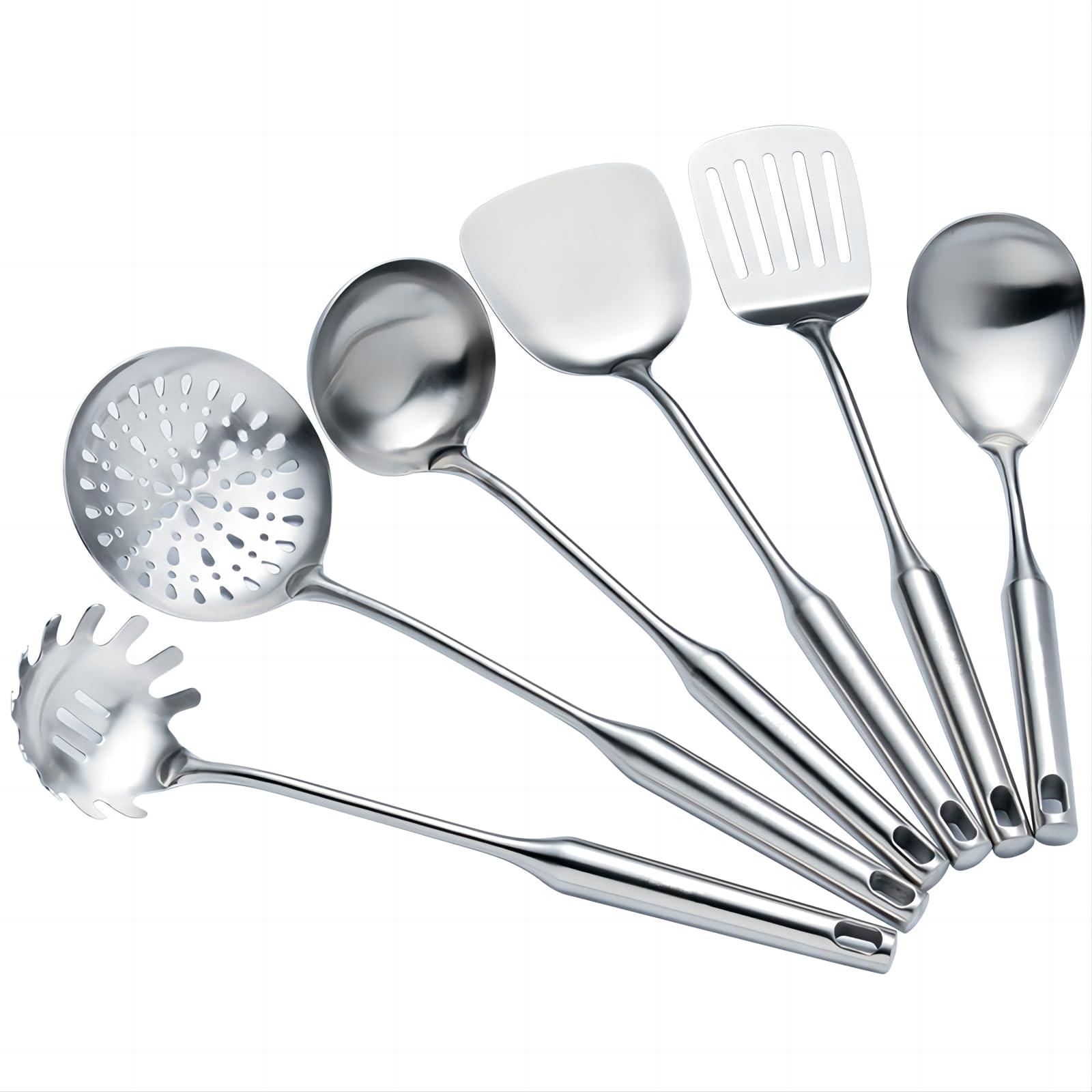 Cooking Utensils Set Stainless Steel Kitchen Metal Serving Utensils Set Of 6 Pcs-Wok Spatula Ladle Set, Skimmer Slotted Spoon, P