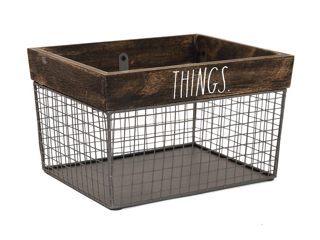 Rae Dunn By Designstyles Wire Storage Basket - Metal And Solid Wood Organizer - Decorative Folder Bin - For Office, Bedroom, Liv